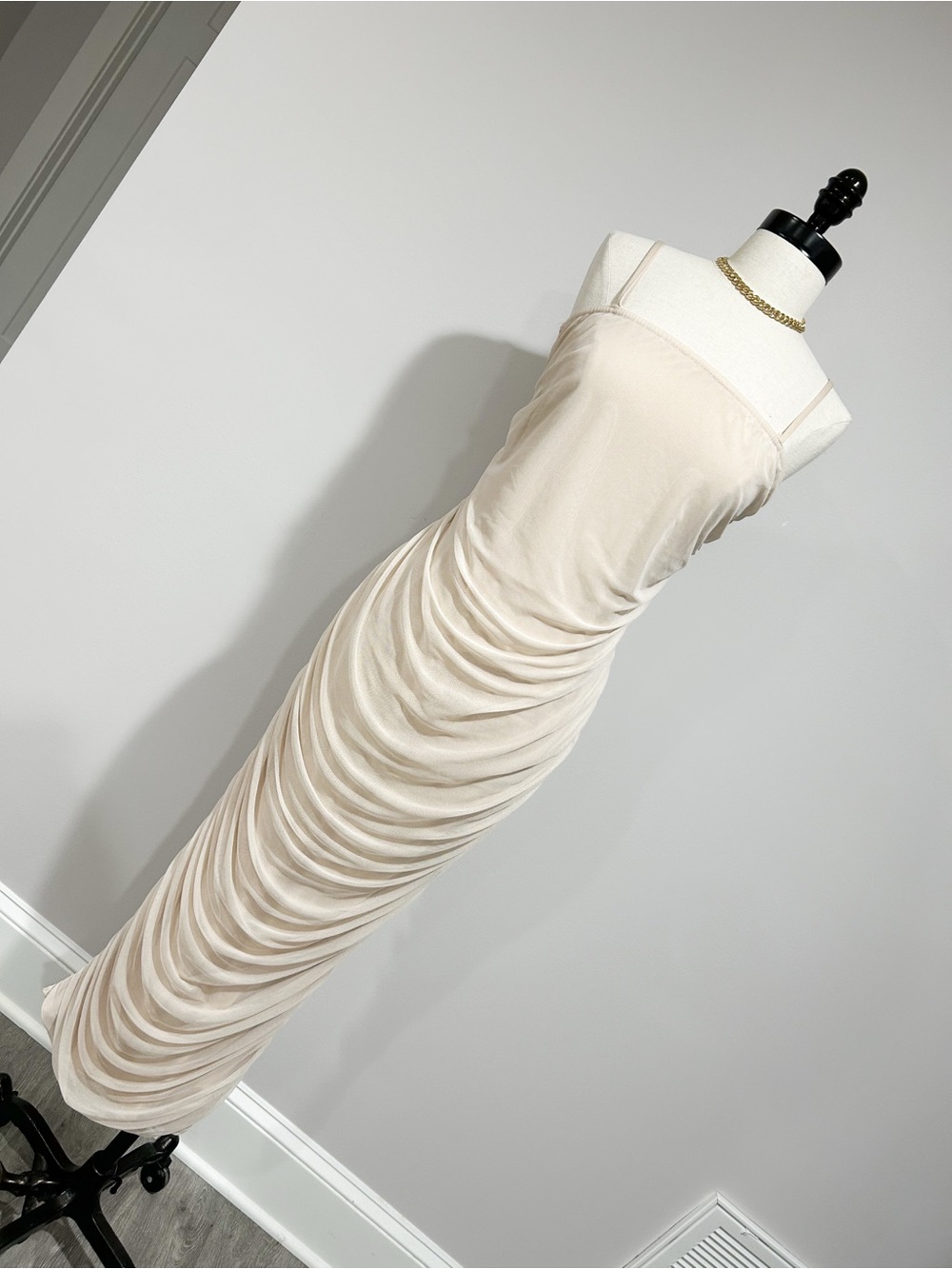 PrettyLittleThing Cream Ruched Maxi Dress